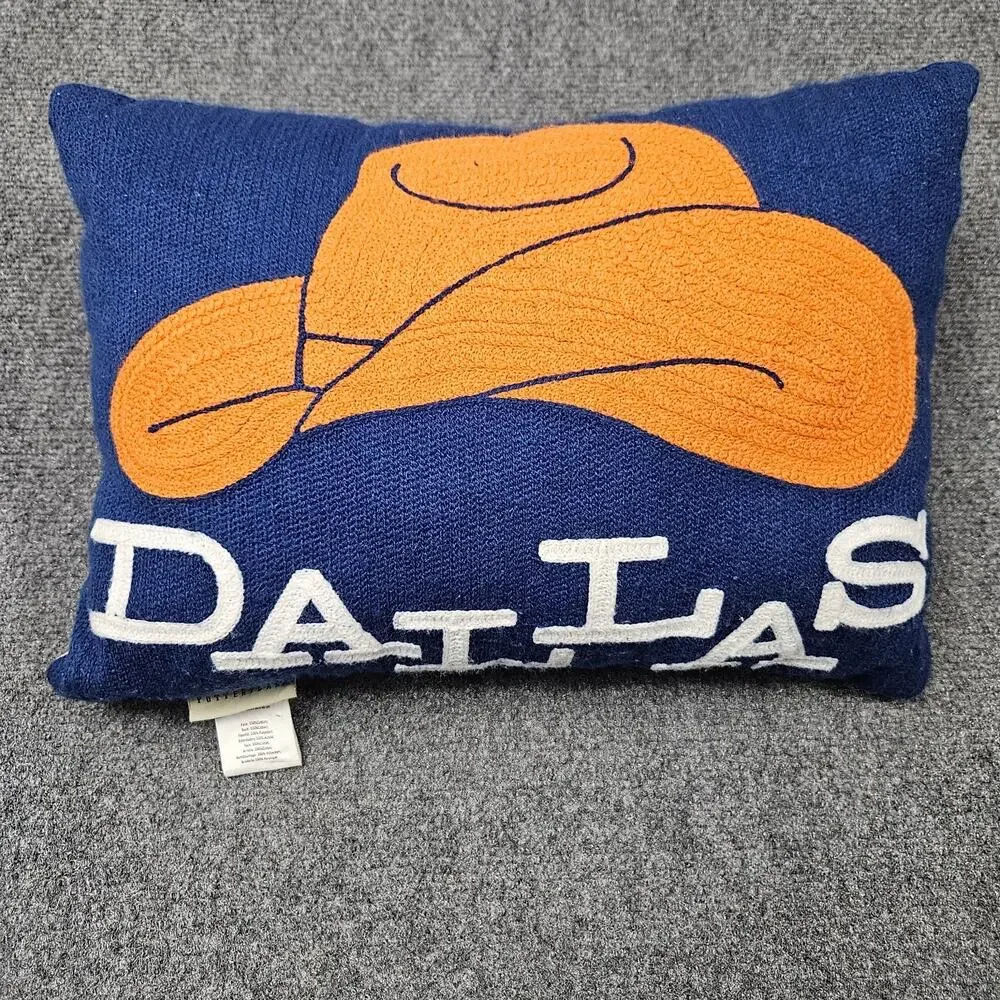Pottery Barn Pillow Dallas Texas Embroidered‎ Cowboy Hat Blue Orange 16x12 Decor